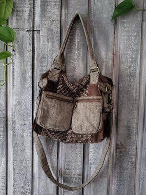 Boho Tweed Patchwork Crossbody Shoulder Bag Brown Like New